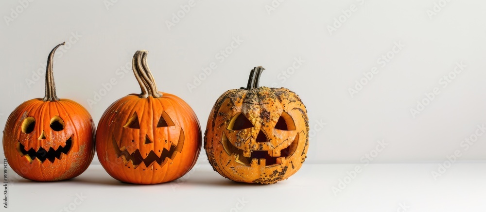 Aufkleber three halloween pumpkins adorned with intricate carvings set against a white backdrop ideal for a co