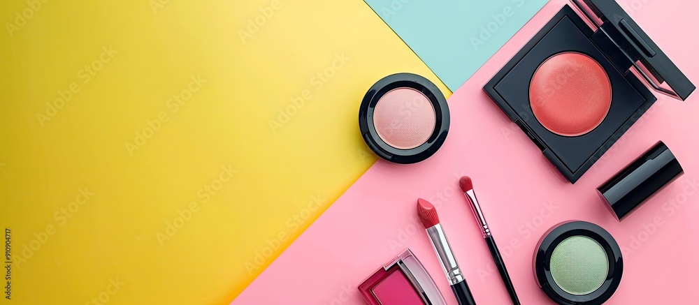 Poster Vibrant makeup array on a pastel pink and yellow backdrop in a flat lay setup with a copy space image