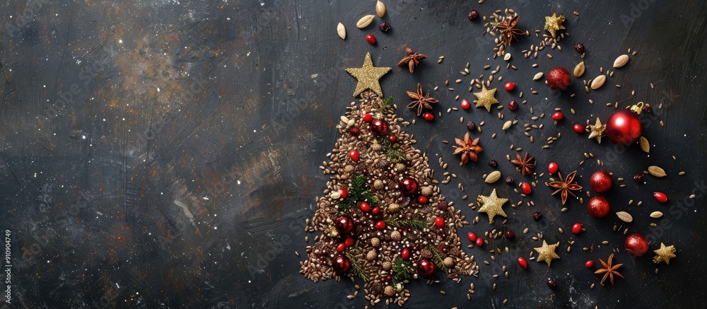 Fototapete flax seed and dried fruit christmas tree and comet displayed on a black backdrop with copy space ima