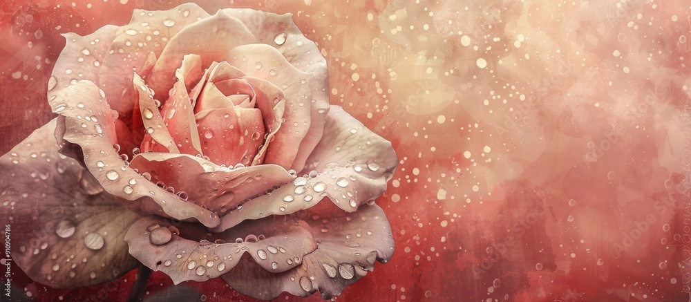 Poster vintage painting style depicting a fully bloomed rose with raindrops on a red speckled backdrop show