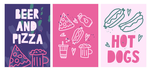 Fototapeta premium set of posters: beer and pizza, hot dogs, sauce. World food day. Beer and pizza day. template design in doodle style. Flat vector Illustration in naive art