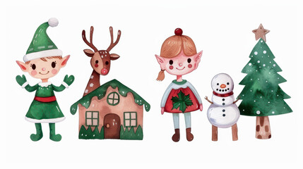 Whimsical illustration captures Christmas joy with playful elves, cheerful deer, charming snowmen, and festive homes.