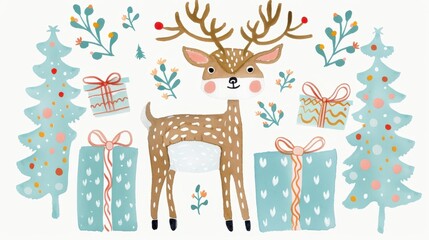 Naklejka premium Celebrate the season with a festive card featuring a joyful reindeer surrounded by colorful gift wraps. Perfect for spreading cheer