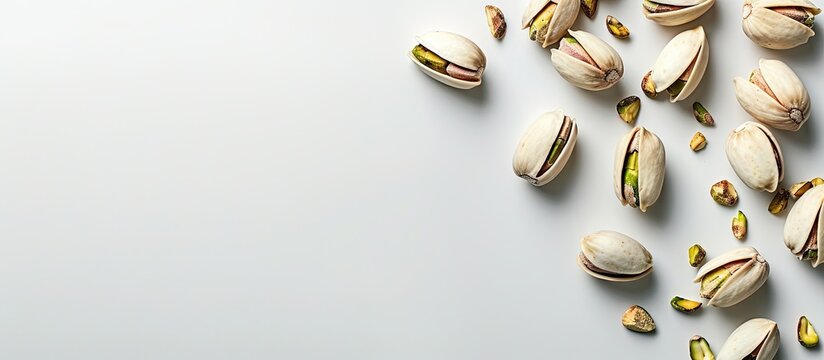 Pistachio displayed with contents visible against a white copy space image