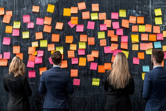Business professionals brainstorming ideas with colorful sticky notes on a blackboard during a creative meeting.