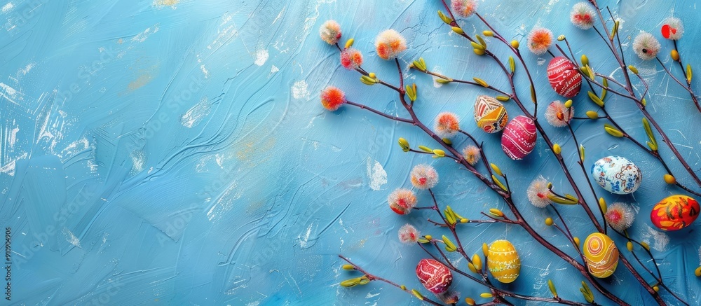 Poster Willow branches and colorful eggs create an Easter composition on a blue background ideal for a greeting card with copy space image in banner size