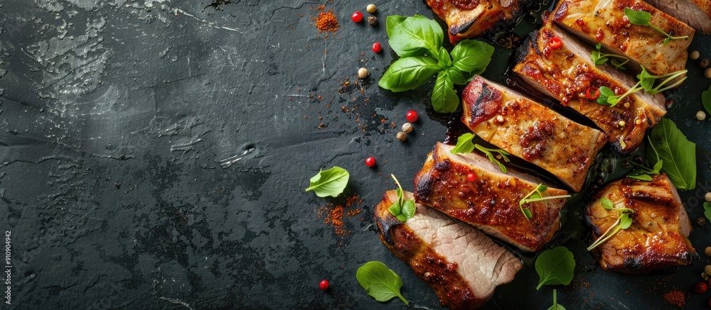Aufkleber slices of pork spiced with blood for a lunchtime meal preparation with a copyspace image