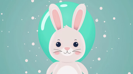 Fototapeta premium Delightful illustration of a small white bunny floating on a mintblue balloon against a textured paper backdrop.