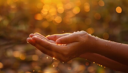 A pair of hands cupping water droplets, illuminated by golden sunlight, symbolizing nature's beauty and serenity.