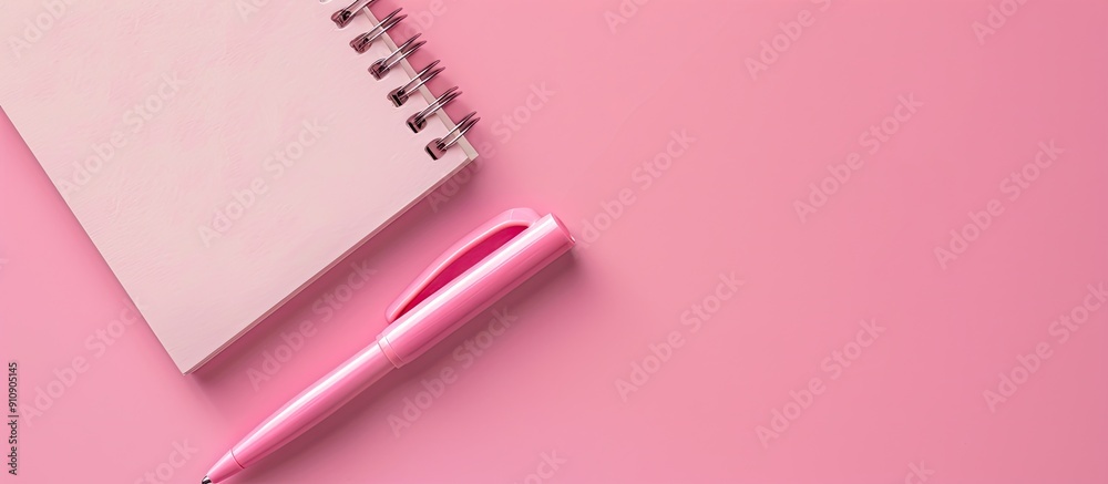 Fototapete pink background with copy space for text featuring a pen and a notebook