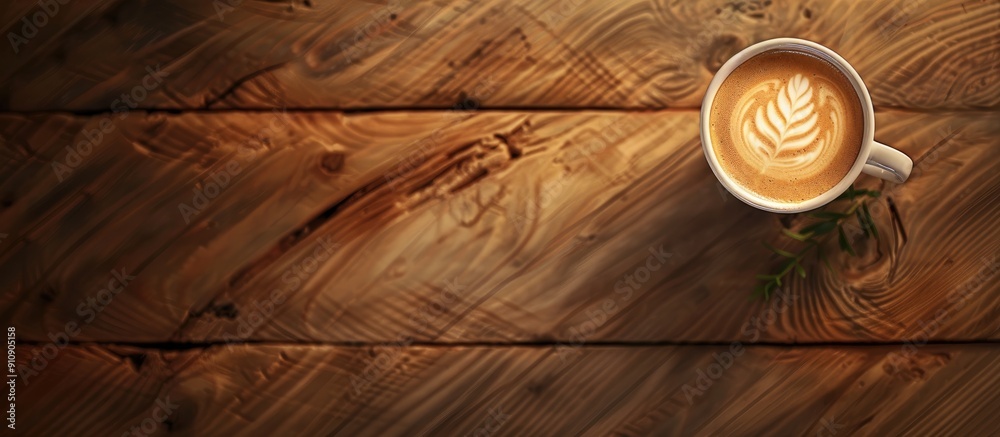 Poster latte on wooden backdrop perfect for unwinding copy space image