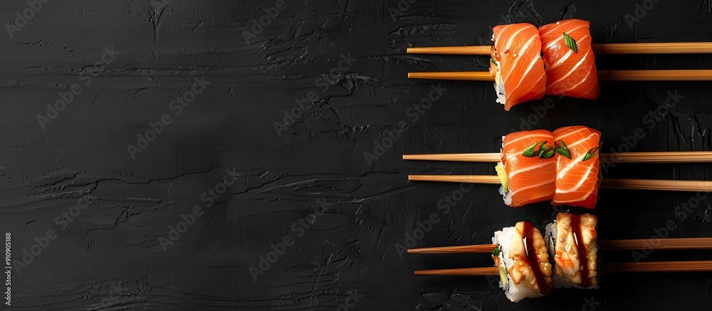 Aufkleber sushi pieces held by chopsticks on a black backdrop with a copy space image for a creative japanese 