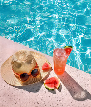 summer drink in the pool with sunglasses