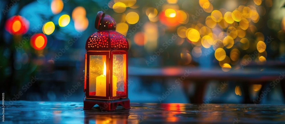 Poster a warm and cozy ambiance at night with a single red and yellow lantern providing a soft glow from it