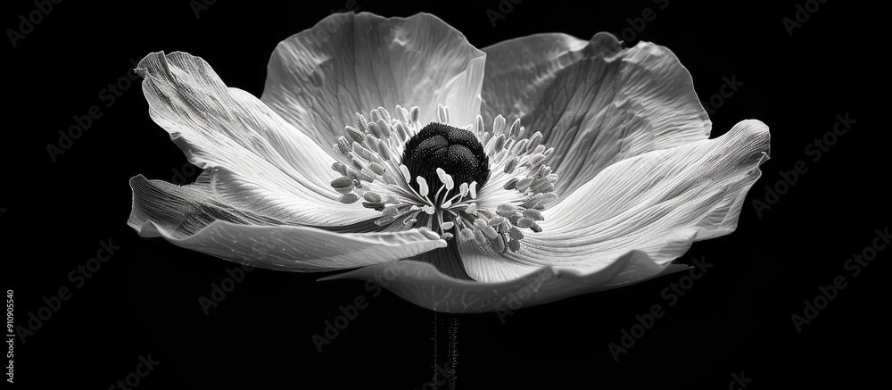 Poster Macro photograph of a single anemone blossom in monochrome isolated on a black background featuring a wide open bloom with intricate detail perfect for copy space image