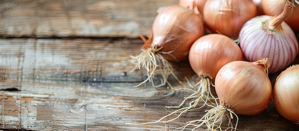 Poster on a wooden surface fresh onion bulbs are displayed with copy space image