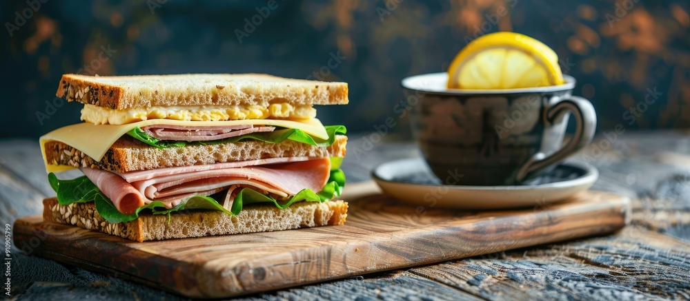 Poster Sandwich with ham butter and cheese on a wooden cutting board beside a cup of tea with lemon all set against a rustic backdrop offering ample copy space image