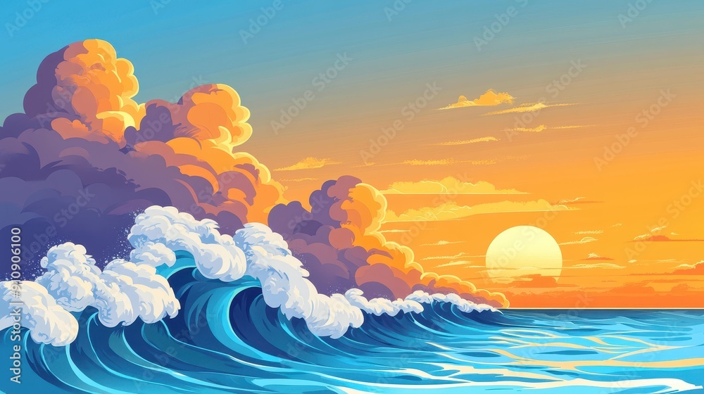 Wall mural A vibrant digital painting captures the sea rising to meet the sky, showcasing bright colors and a serene sunrise atmosphere.