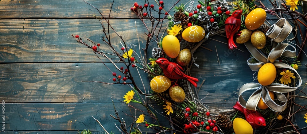 Poster creating an easter wreath with colorful eggs red birds yellow flowers ribbons and a bow on a wooden 