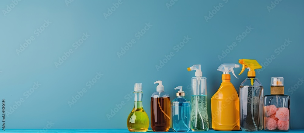 Aufkleber Various bottles and spray containers are arranged neatly on the table against a blue background creating a composition with copy space image