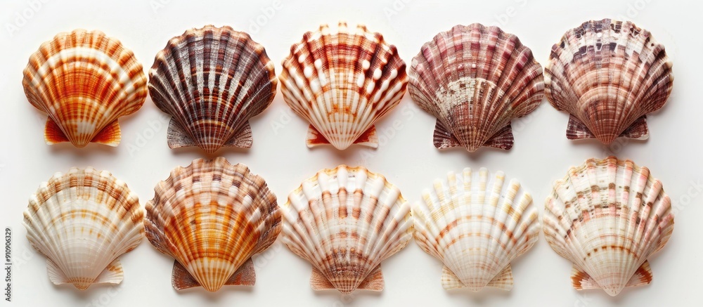 Poster several fresh scallop seashells arranged on a white backdrop providing ample copy space image