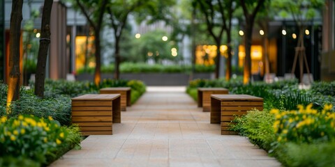 Obraz premium tranquil urban pathway with wooden benches and lush greenery in a modern city park setting.