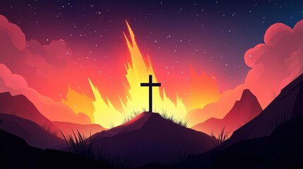 A bold cross silhouette stands tall against a vibrant cosmic backdrop, showcasing the beauty of the night sky.