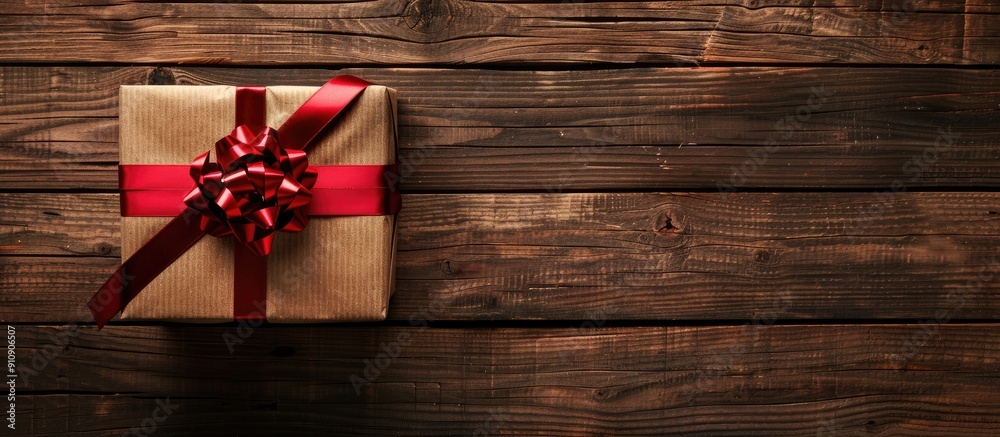 Poster wooden background with a red ribbon adorned gift box presenting ample copy space for images