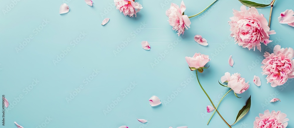 Leinwandbilder light blue backdrop with pink peonies creating a flat lay composition with copy space image