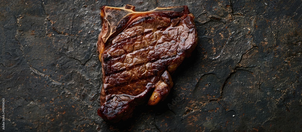 Leinwandbilder top down view of a t bone steak on a stone surface providing ample copy space in the image