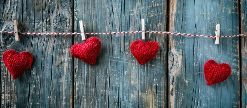 Aufkleber red hearts displayed on a clothesline against an aged wooden backdrop with copy space image