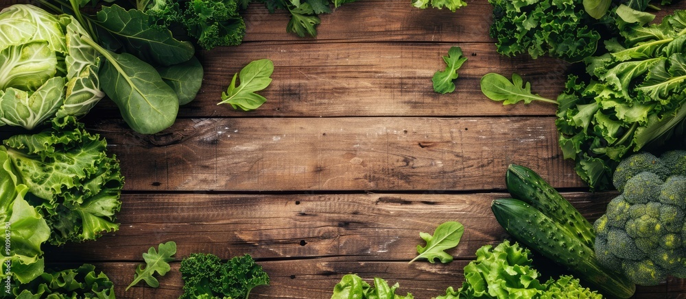 Aufkleber top down view of a wooden table featuring fresh green vegetables ideal for a copy space image