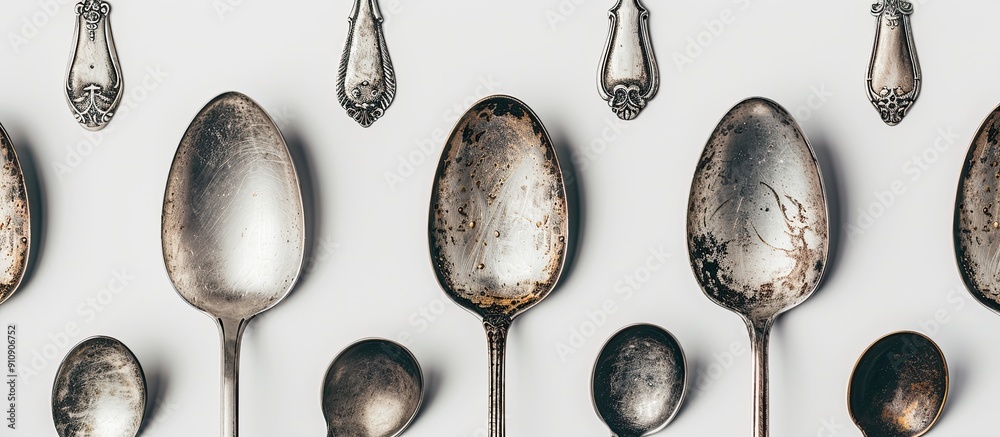 Poster Vintage spoons displayed in a silverware pattern against a white background in a kitchen themed copy space image captured from a top down perspective