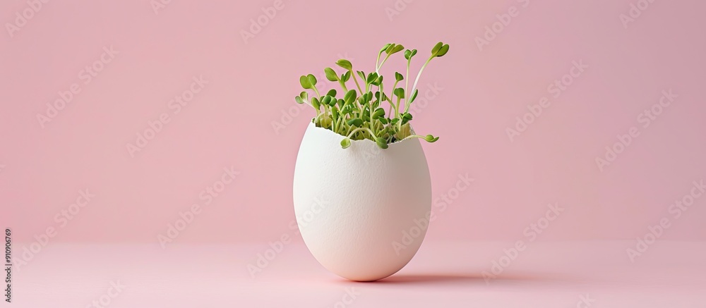 Poster easter themed image with green sprouts in a white egg against a pink background providing ample copy
