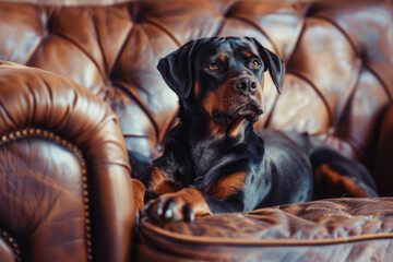 A black dog is lying on a brown leather sofa. An adult Rottweiler puppy looks into the frame