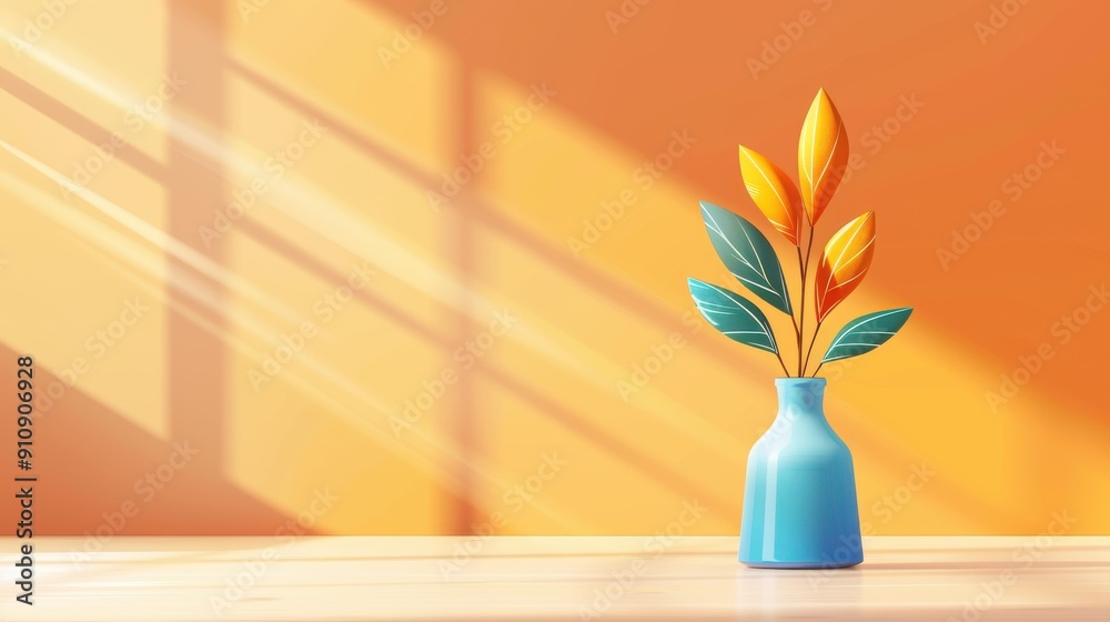 Wall mural A vibrant plant in a stylish vase creates a soothing vibe against a warmtoned gradient background, enhanced by natural light.