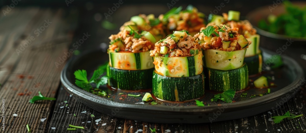 Aufkleber minced chicken and veggies fill zucchini columns on a plate against a dark wood backdrop with copy s