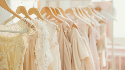 In a bright, spacious room, rose, pink, ivory lace and fishnet dresses are hung on wooden hangers. Shop-showroom of dresses for weddings, celebrations, proms