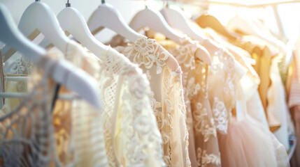 In a bright, spacious room, rose, pink, ivory lace and fishnet dresses are hung on white wooden hangers. The store is a showroom of dresses for weddings, celebrations, and proms.