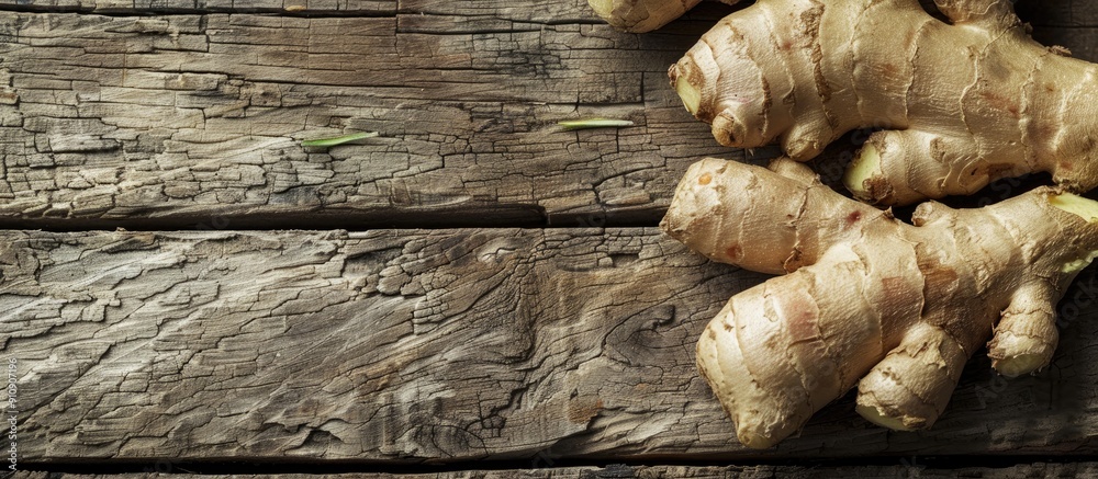 Poster Macro shot of ginger on a wooden backdrop with ample copy space image available