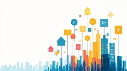Colorful cityscape with growth icons, representing technology, urban development, and innovation in a modern landscape.