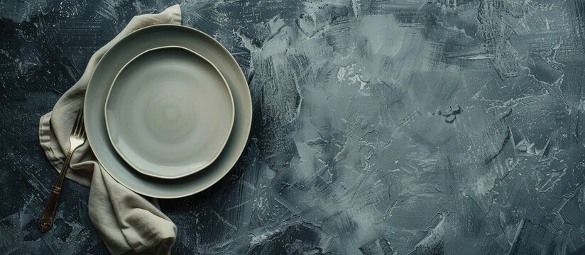 Gray stone table with a blank plate on a napkin offering ample copy space for customization