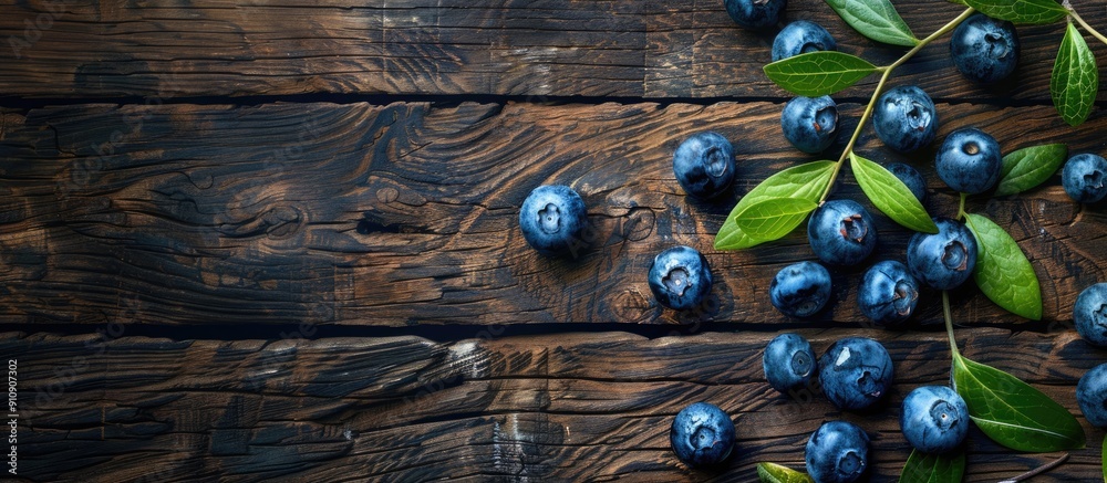 Sticker Ripe blueberries placed on weathered wooden backdrop in a flat lay style with copy space image