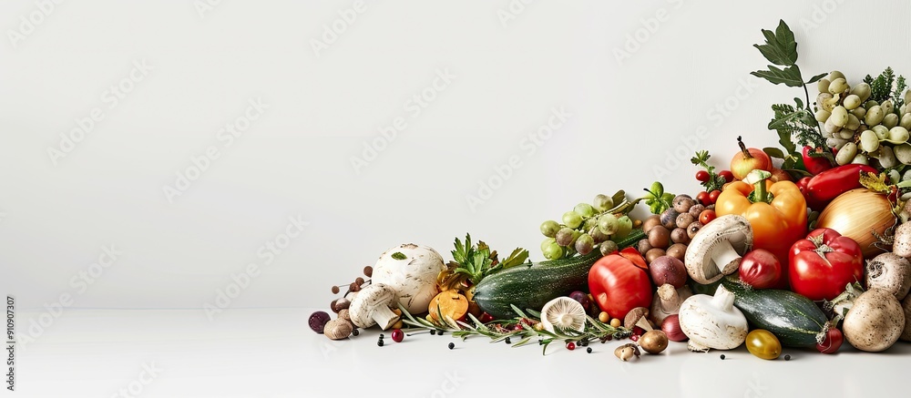 Poster a variety of fresh fruits and vegetables along with mushrooms are beautifully displayed on a white b
