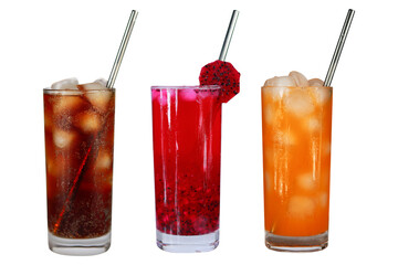 A glass of cola, Dragon fruit juice, and Mango juice isolated on a transparent background