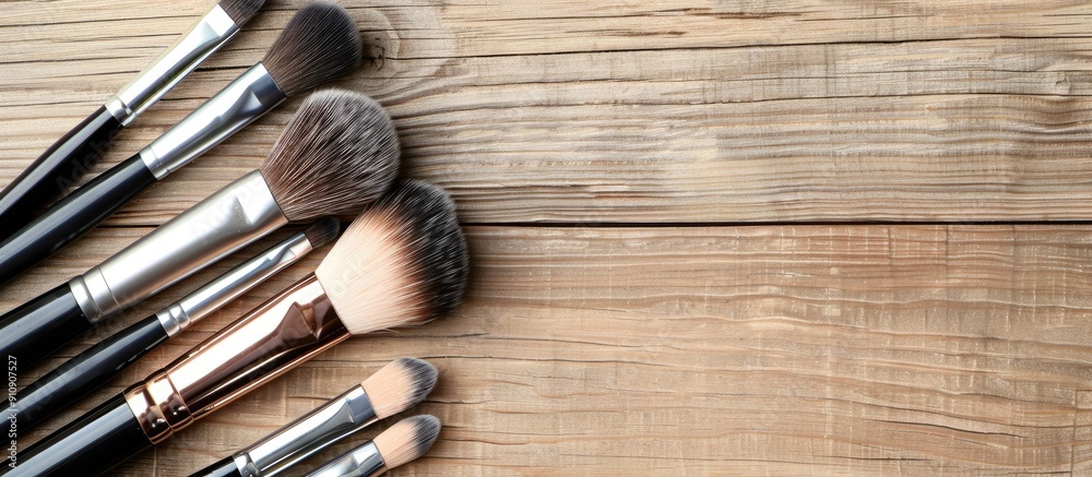 Poster Makeup brushes neatly arranged on a table with copy space image available