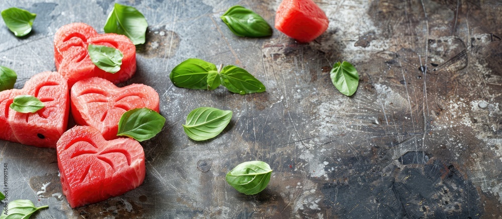 Poster watermelon hearts carved for valentine s day with a copy space image available for customization