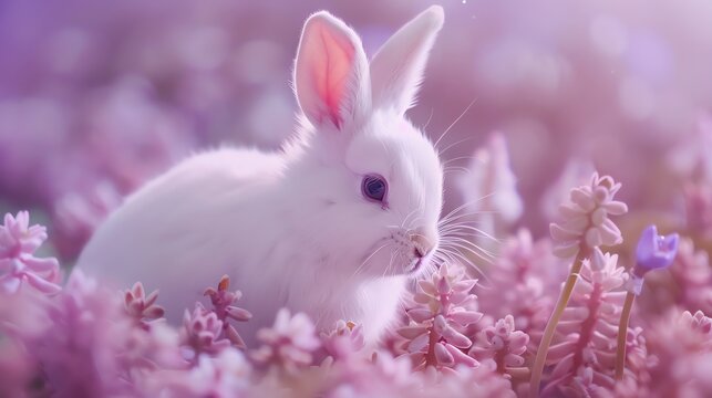 A white rabbit sits in a field of pink flowers.