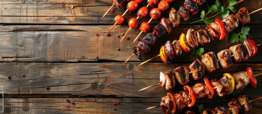 Aufkleber Multiple types of barbeque skewers arranged on a rustic wooden table with ample copy space image