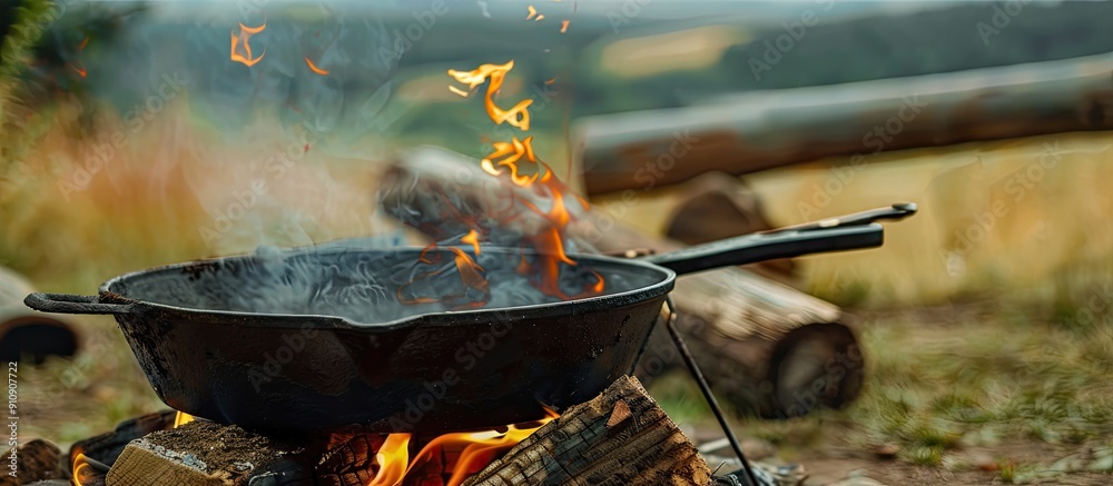 Aufkleber vintage iron skillet on a fire pit brazier in a rustic outdoor field cooking setting with copy space
